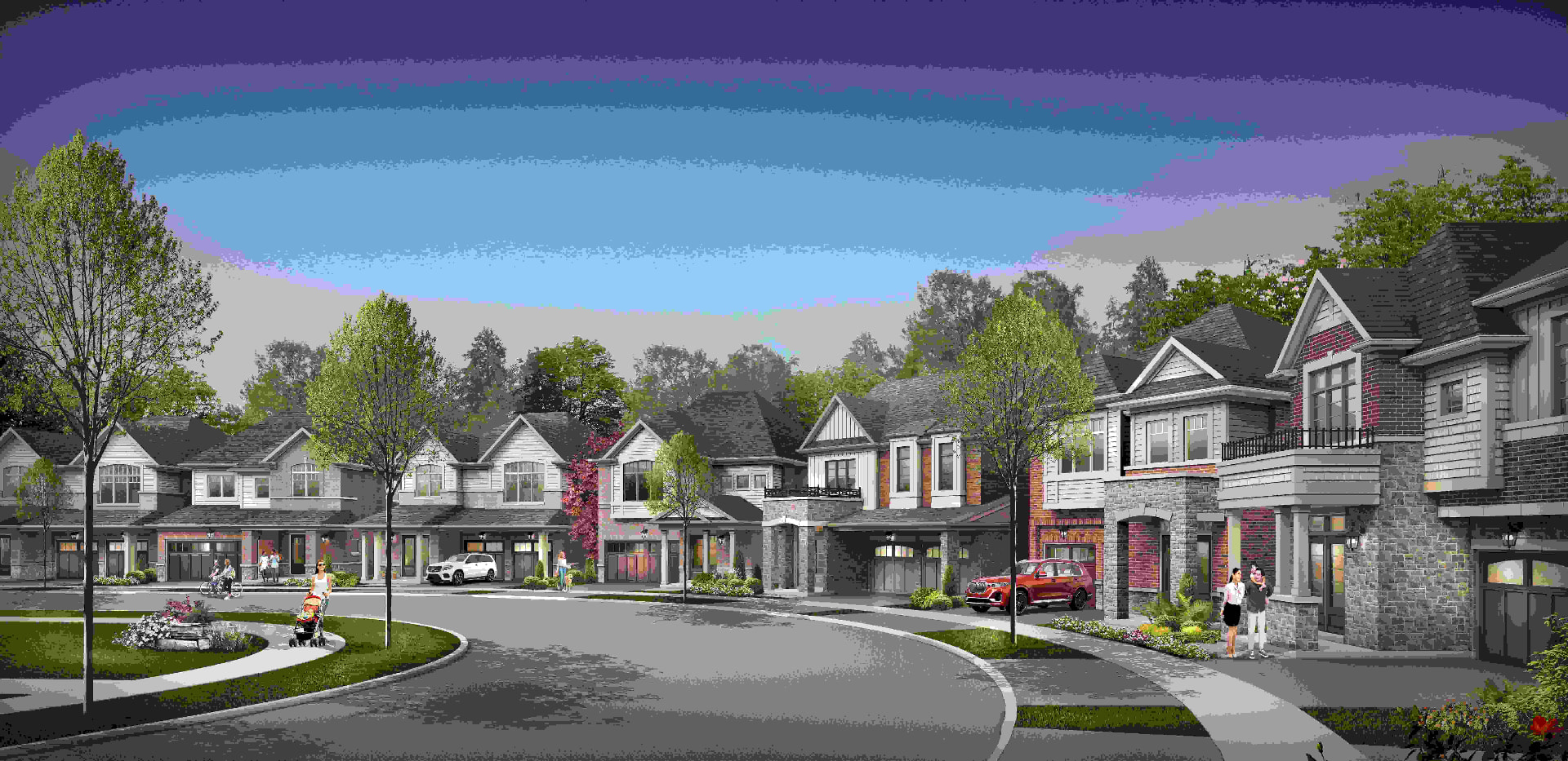Rendering of the Trails of Whitevale streetscape with townhomes and detached homes beside mature woodland